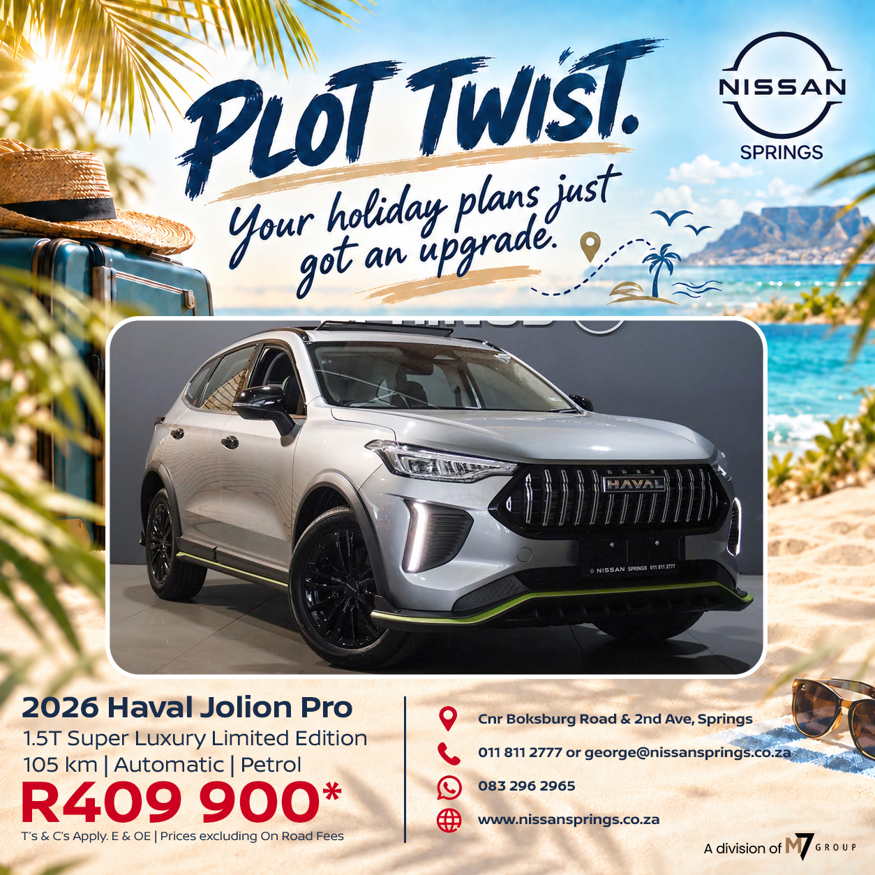 Beach vacation themed ad featuring a silver Haval Jolion Pro SUV on a curved white card, with 'Plot Twist' slogan and Nissan Springs branding; seaside background and palm trees visible.