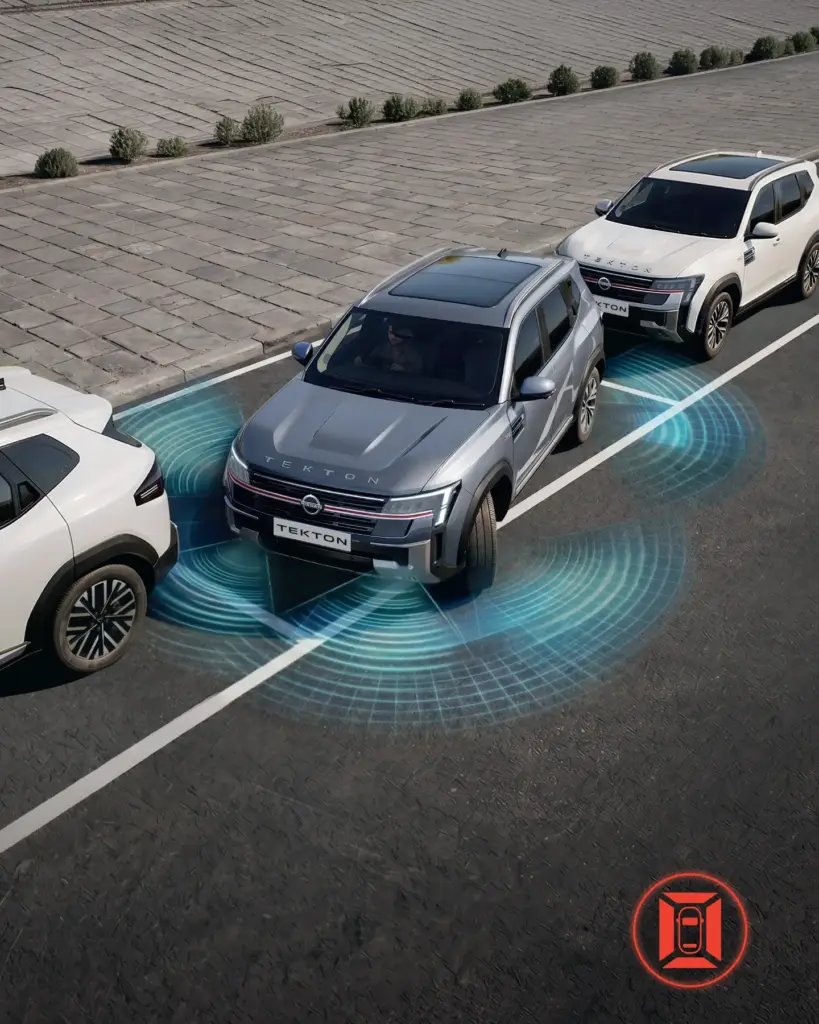 Three SUVs in a line on a street, blue radar-like waves illustrate autonomous driving sensors surrounding the vehicles