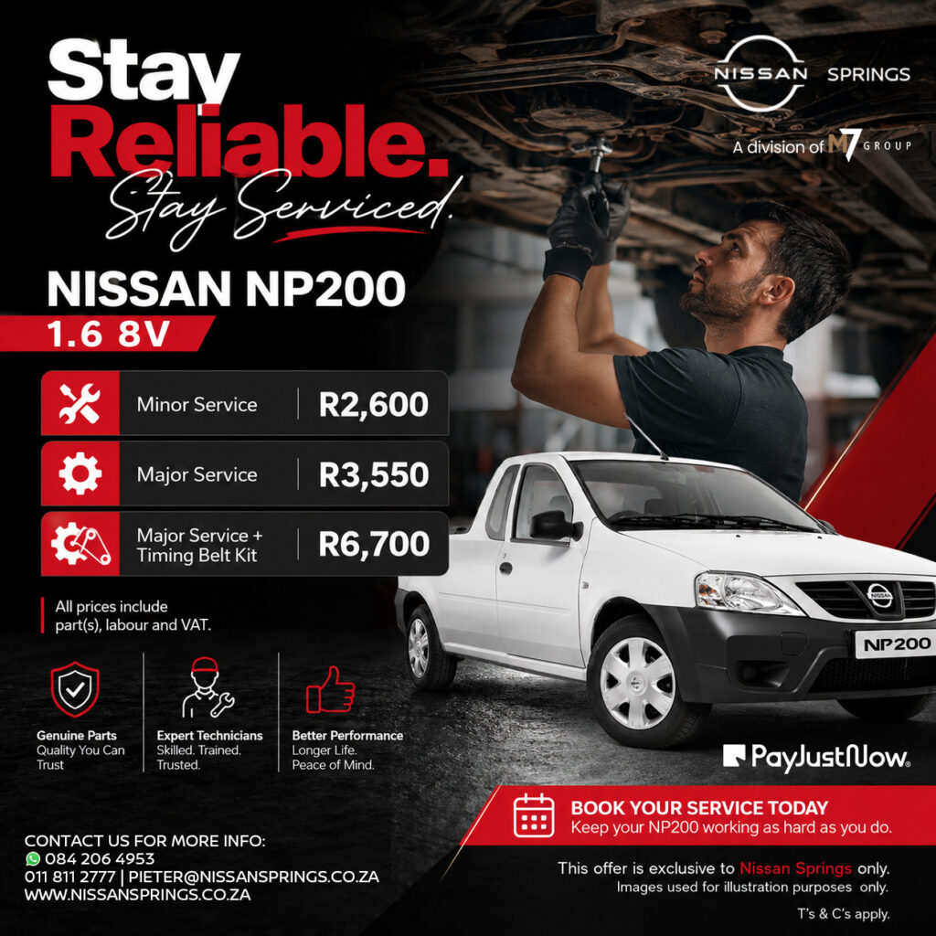 Mechanic works under a Nissan NP200 in a workshop; bold 'Stay Reliable. Stay Serviced.' promo with service prices and logos.