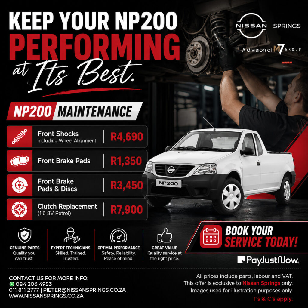Maintenance promo for Nissan NP200: list of parts with prices and a mechanic inspecting the vehicle under the hood.