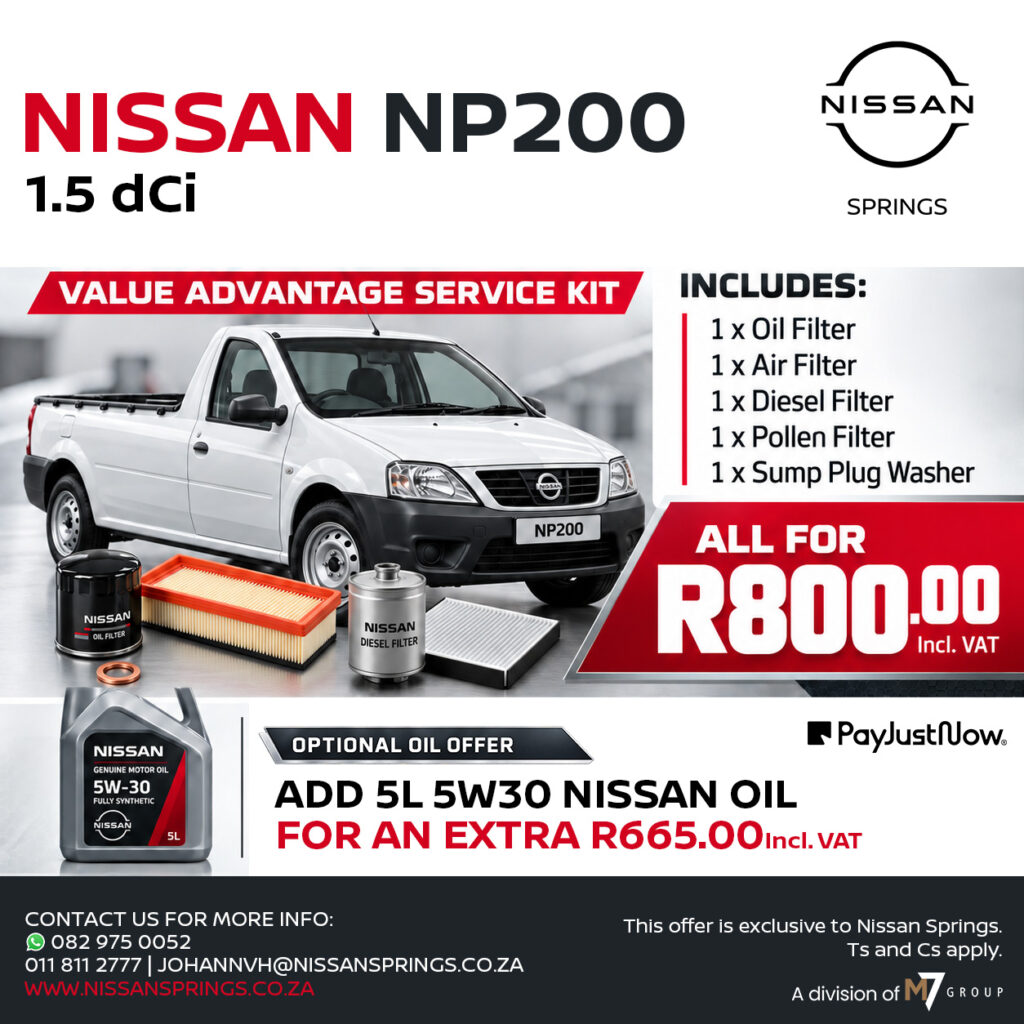 Nissan NP200 pickup with value‑advantage service kit, showing filters and oil items; price marked R800 incl VAT.