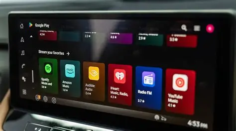 Car infotainment touchscreen showing streaming apps grid (Spotify, Amazon Music, Apple Music, Heart Music, Radio FM, YouTube Music) inside a vehicle.
