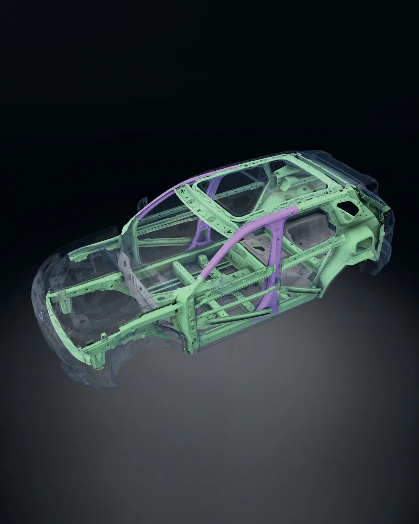Cutaway CAD rendering of a car chassis, showing the internal frame and cabin structure in green and purple hues against a dark background.