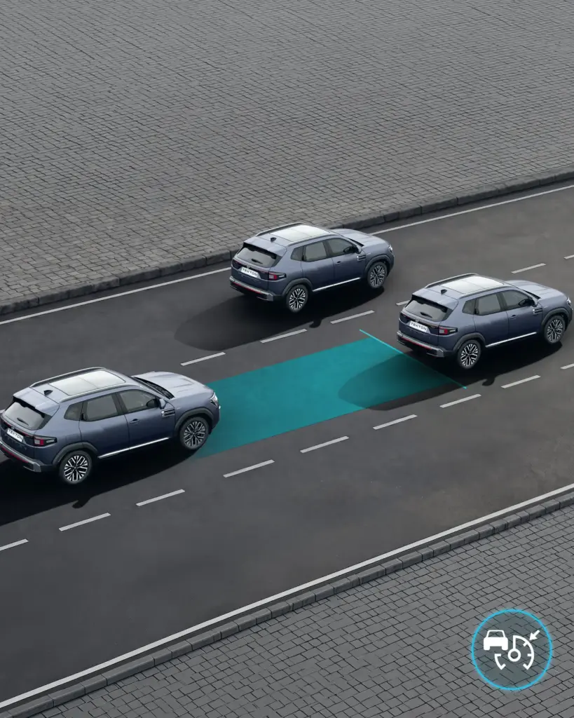 Aerial view of three blue SUVs driving in a lane on a city street with a turquoise parking-assist overlay nearby.
