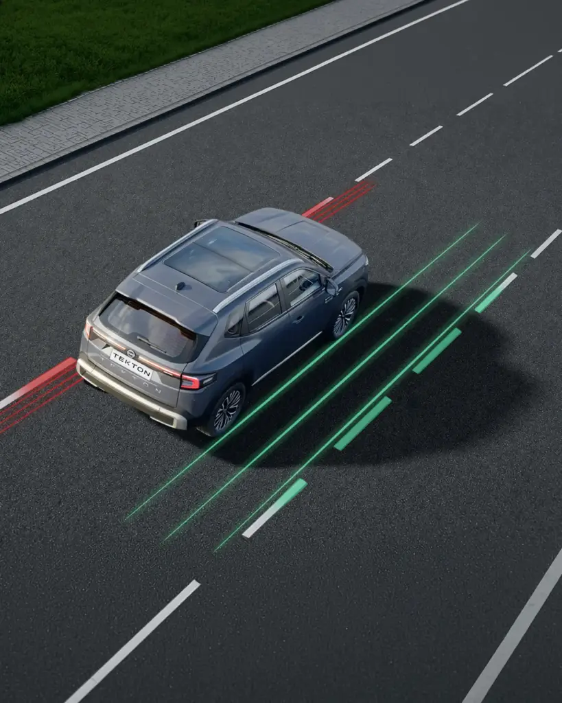 Gray SUV driving on a road with red sensor lines behind it and green guide lines in front, illustrating active safety and lane-keeping systems.