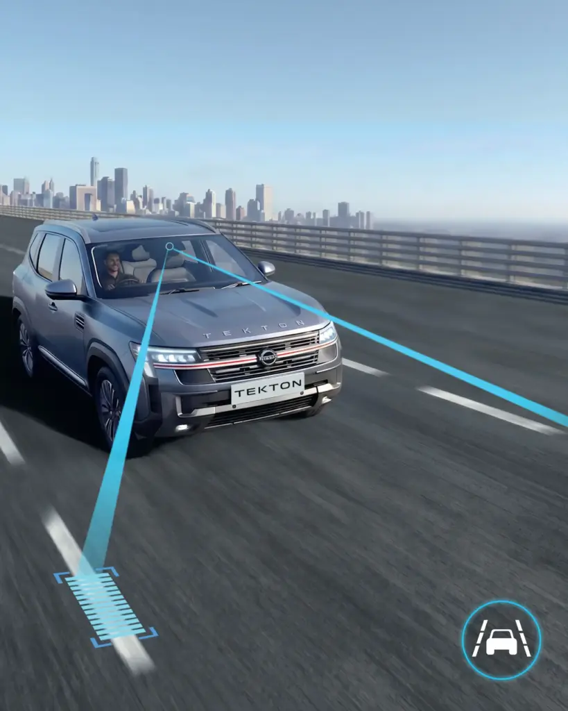 Silver SUV on highway with blue lane markings and a driver visible, representing semi-autonomous driving UI