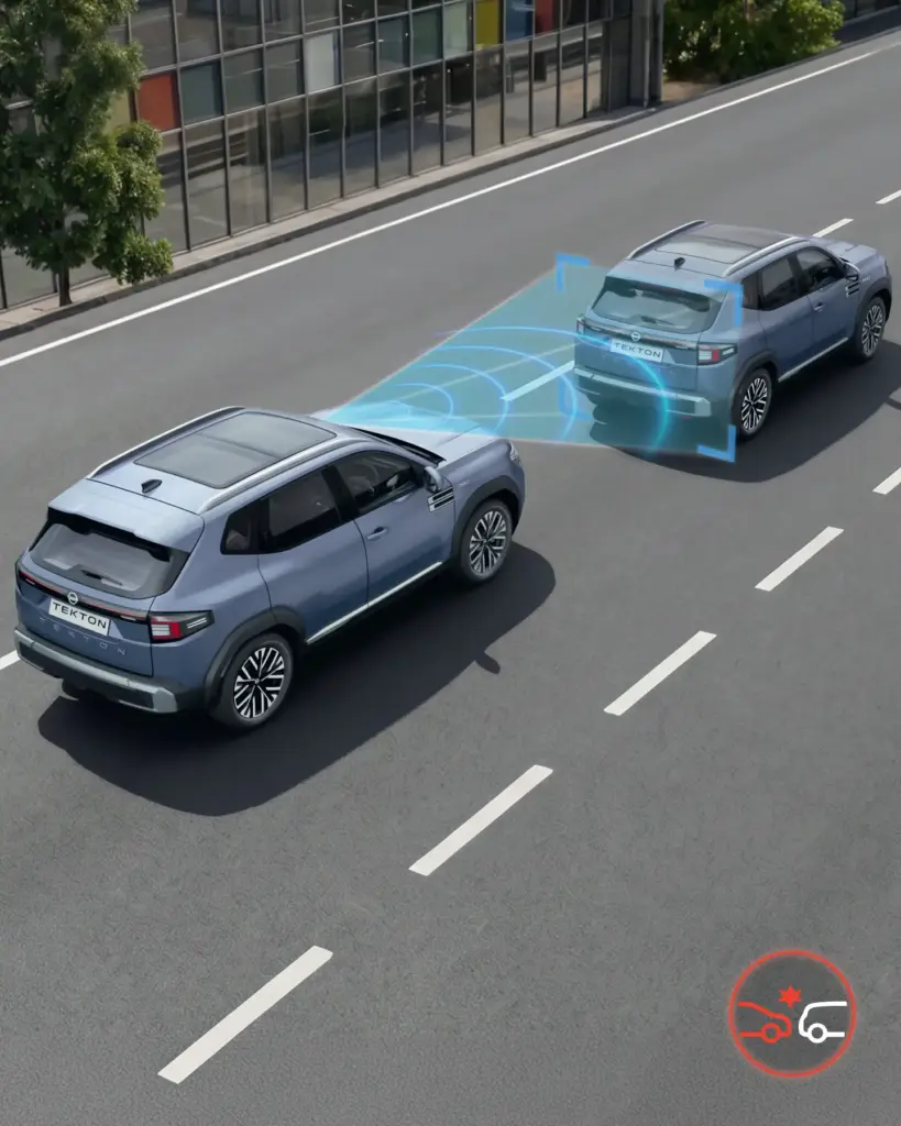 Two blue SUVs on a city street with blue radar beams illustrating an autonomous safety/collision-avoidance system between them.