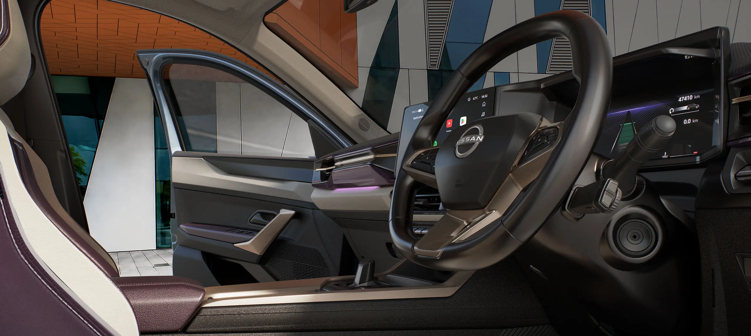 Modern car interior with steering wheel, digital dashboard, and open front door; stylish brown seats and ambient lighting visible.