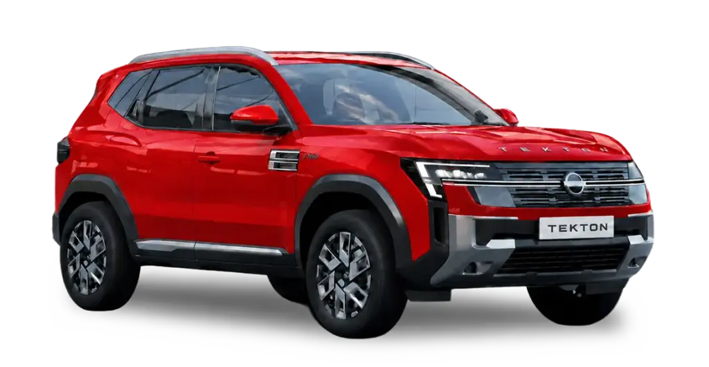 Front three-quarter view of a red Tekton SUV with bold grille and silver skid plates