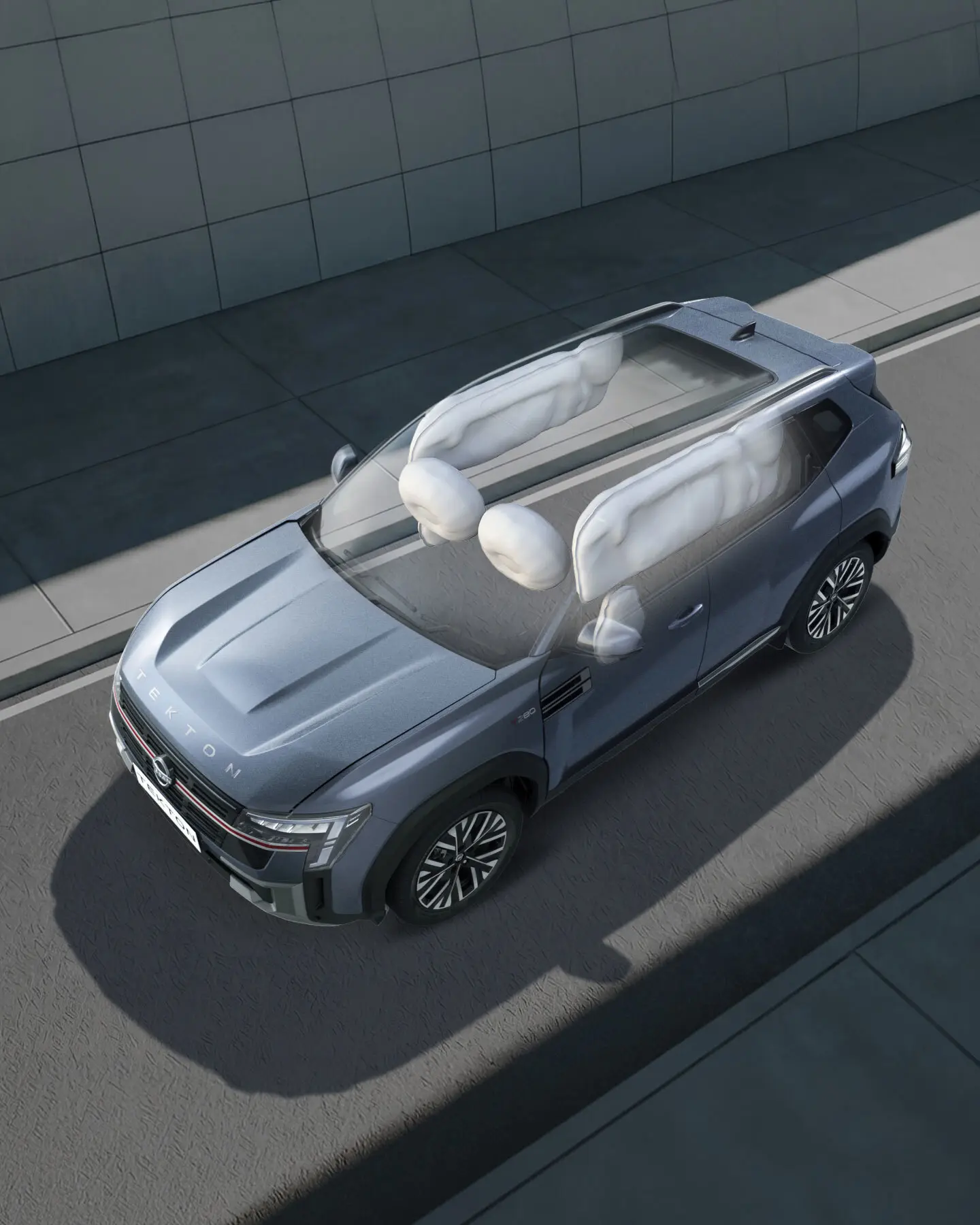 Blue SUV shown from above with its panoramic roof open, exposing the white leather two-row seating inside.