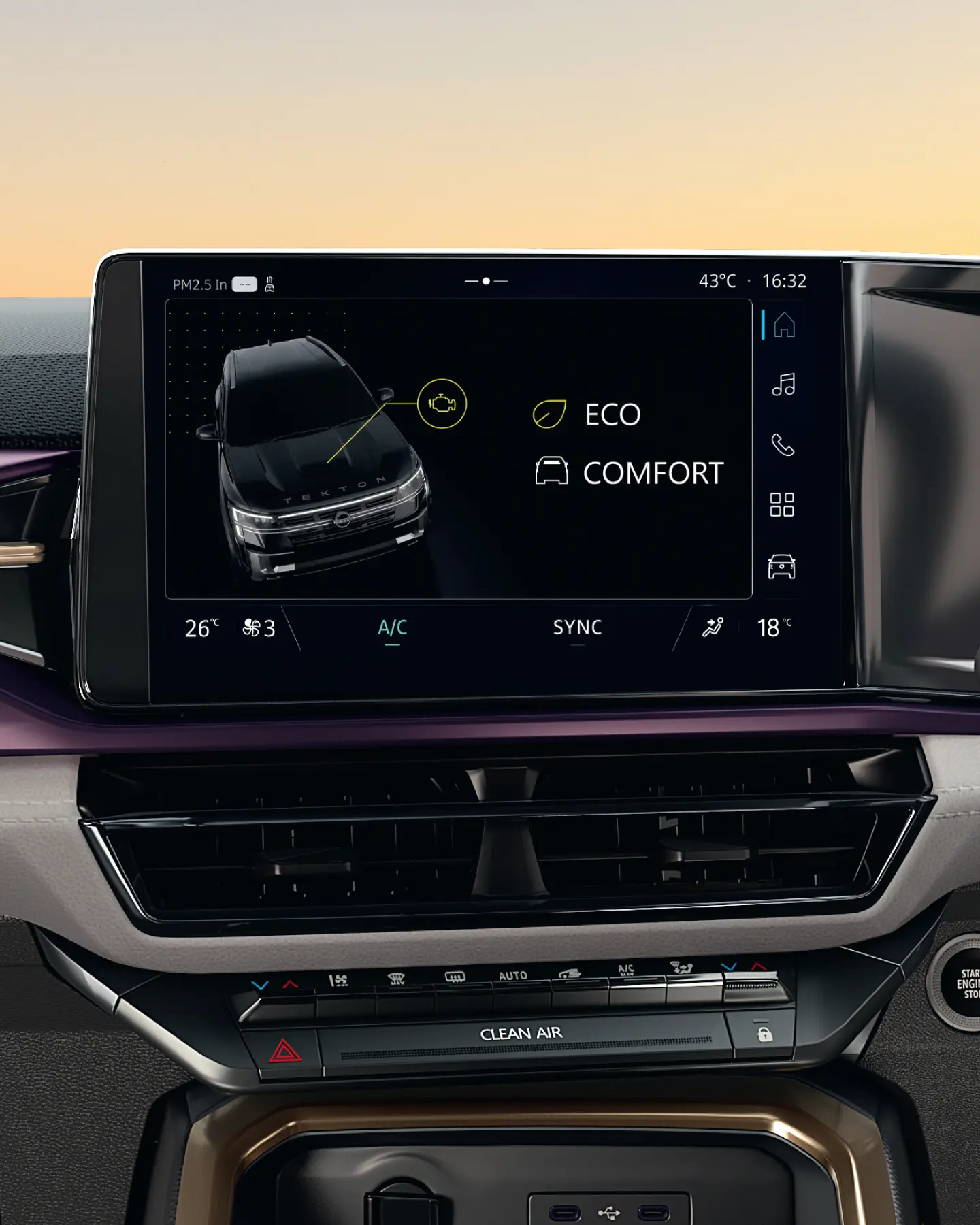Infotainment touchscreen showing Eco and Comfort driving modes with a car graphic and side icons