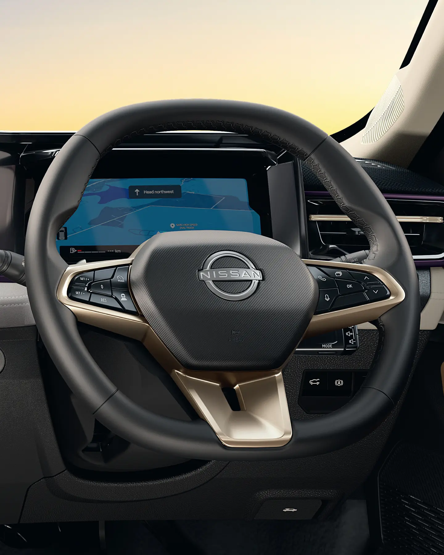 Interior of a Nissan with a digital dashboard showing navigation map behind the steering wheel at sunsetoutside view through windshield still visible behind steering wheel.