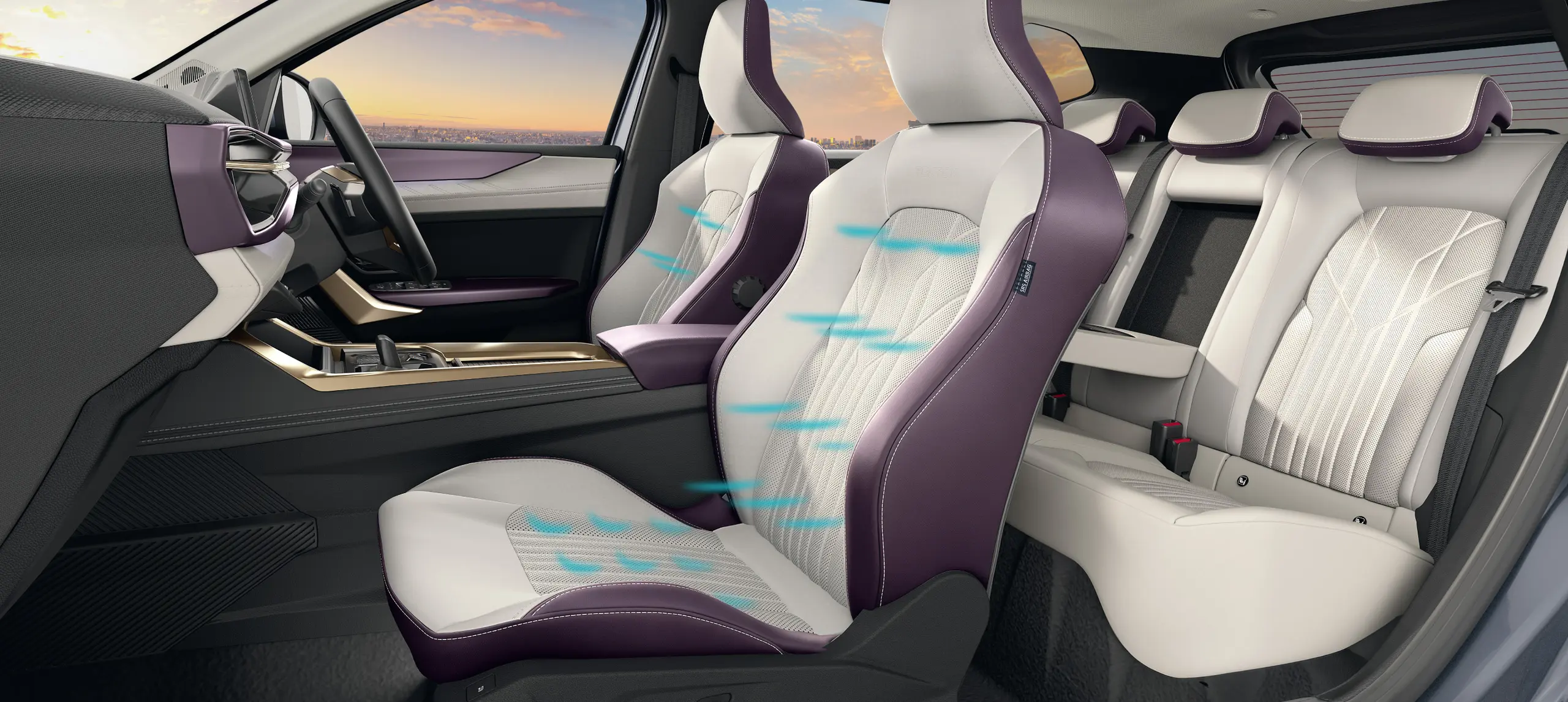 Luxurious car interior with white and purple ventilated seats, front console, and outside sunset view.