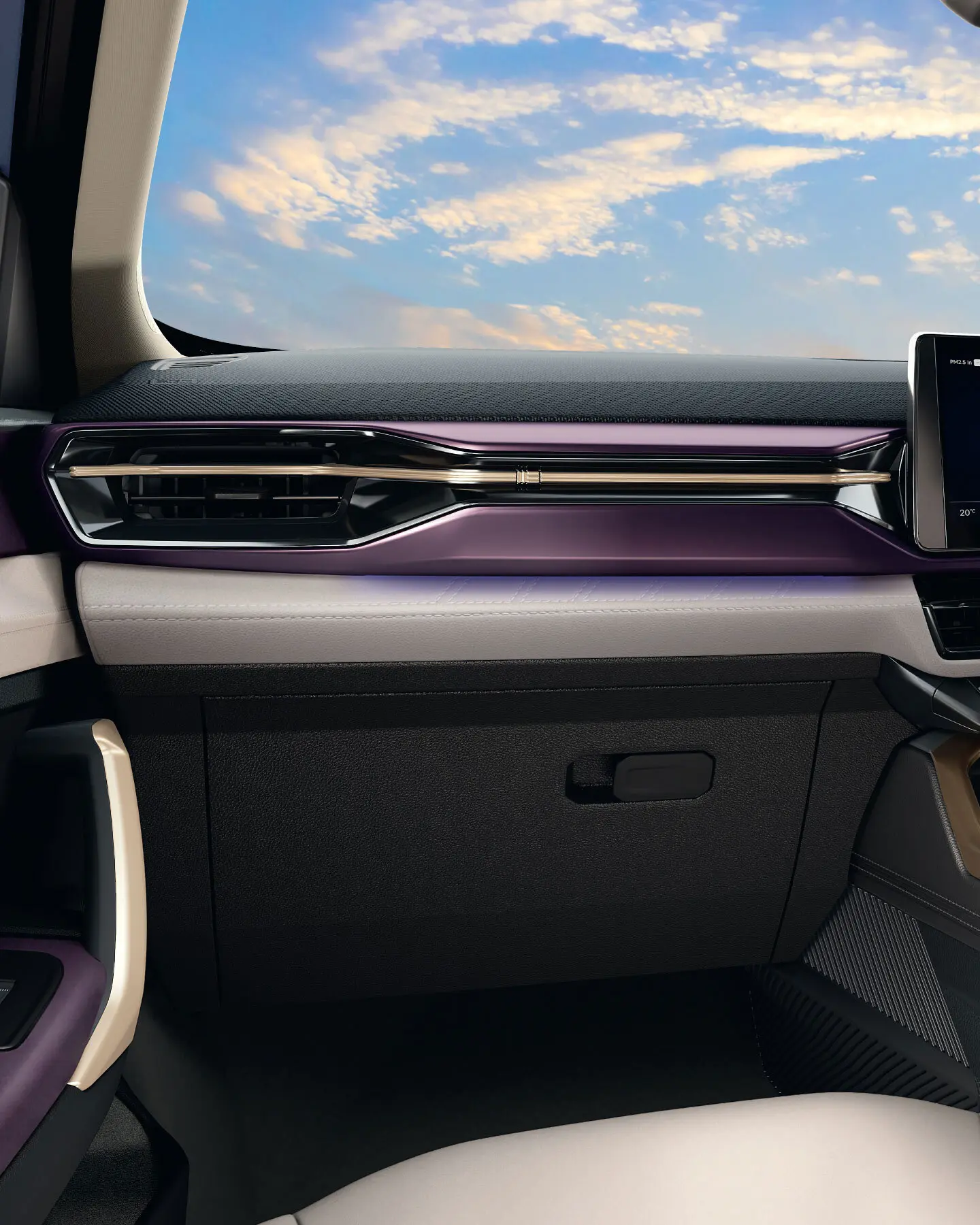 Interior of a car dashboard featuring purple trim, a central air vent, and a light gray passenger seat, with a blue sky visible through the windshield.